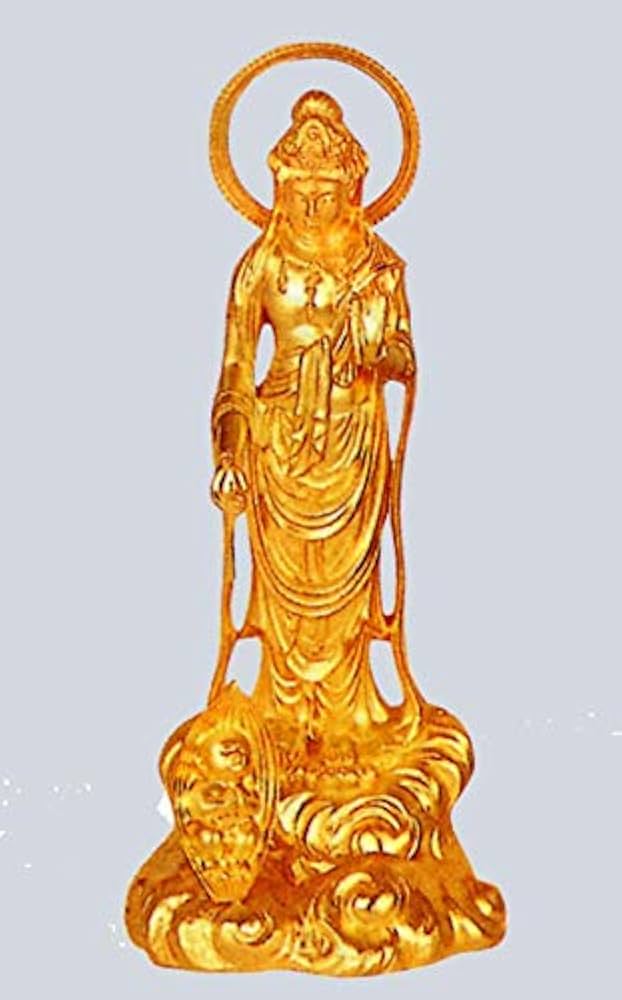仏師　牧田秀雲作　銅鍍金　聖観世音菩薩像　仏像　置物　共箱　C　R4048 牧田秀雲作 高岡銅器『聖観音菩薩』 - 国内外の優れた伝統工芸品